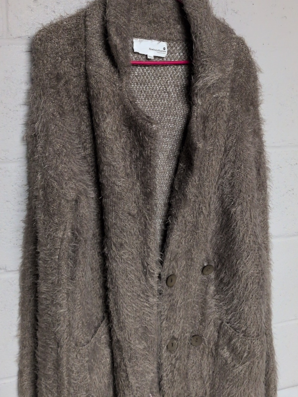 Newbury Kustom Taupe Fuzzy Eyelash Longline Collared Cardigan Sweater Size S/M - Picture 4 of 8